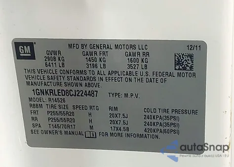 2012 Chevrolet Traverse Ltz from USA, damaged, VIN 1GNKRLED8CJ224487